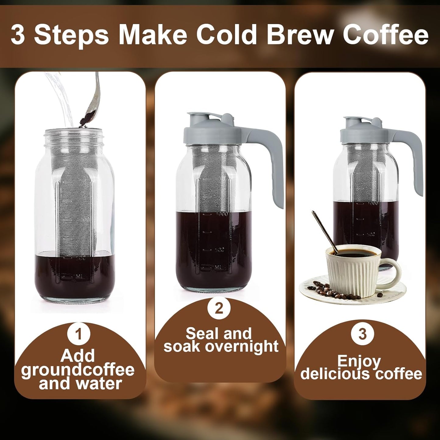 Cold Brew Coffee Maker Pitcher,32 Oz Glass Mason Jar Pitcher with V-shaped Pour Spout Handle Lid,Stainless Steel Filter for Iced Coffee,Iced tea,Breast Milk,Fruit Drinks,lemonade-Gray