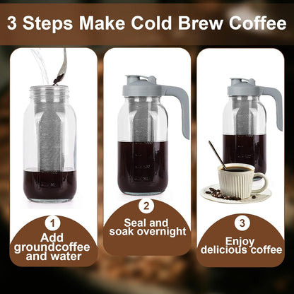 Cold Brew Coffee Maker Pitcher,64 Oz Heavy Duty Glass Mason Jar Pitcher with V-shaped Pour Spout Handle Lid,Stainless Steel Filter for Iced Coffee,Iced tea,Fruit Drinks,lemonade - Gray