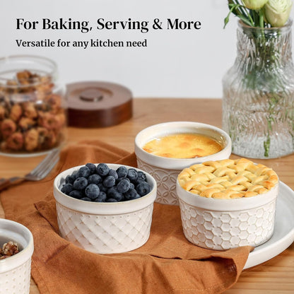 DOWAN Ramekins Oven Safe with Lids 8 oz, Charcuterie Boards Bowls Set for Creme Brulee, Souffle, Dipping Sauces, Custard Cups Ceramic Food Storage Containers, Set of 6, Beige