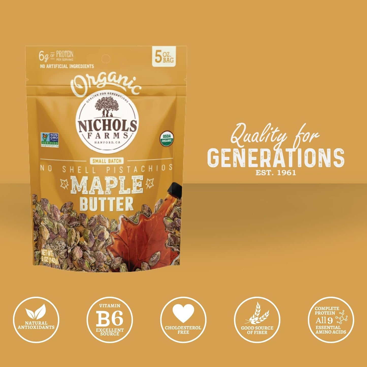 Organic Pistachios, Maple Butter Flavored 5oz 3 Pack No Shell California Pistachios - Nichols Farms