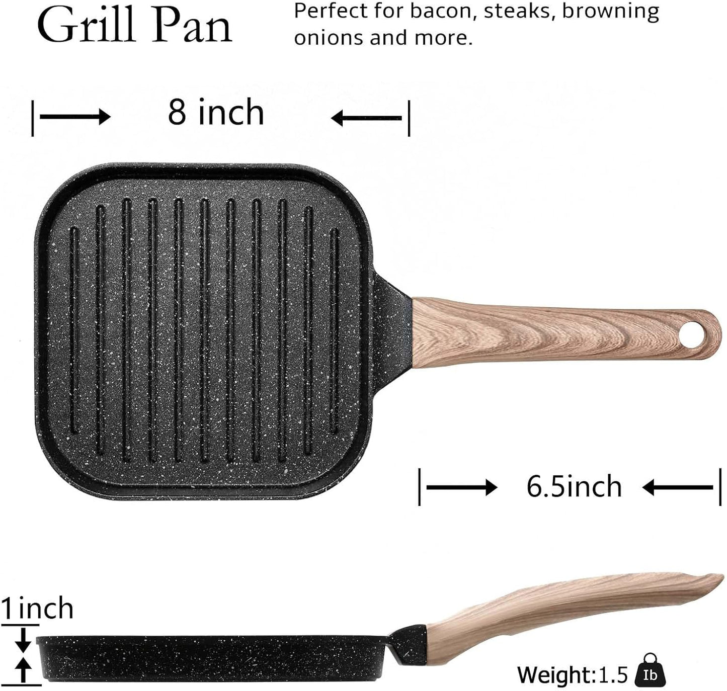 ESLITE LIFE 7 Inch Nonstick Small Grill Pan for Indoor Cooking, Versatile Induction Square Grilling Skillet Steak Pan for Stove Tops, PTFE & PFOA Free, Black