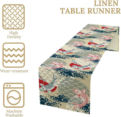 Japanese Kio Fish Table Runner, Line Art Colorful Janan Style Oriental Table Runner for Kitchen Study Living Room Home Bedroom, Gray 13x108 Inch