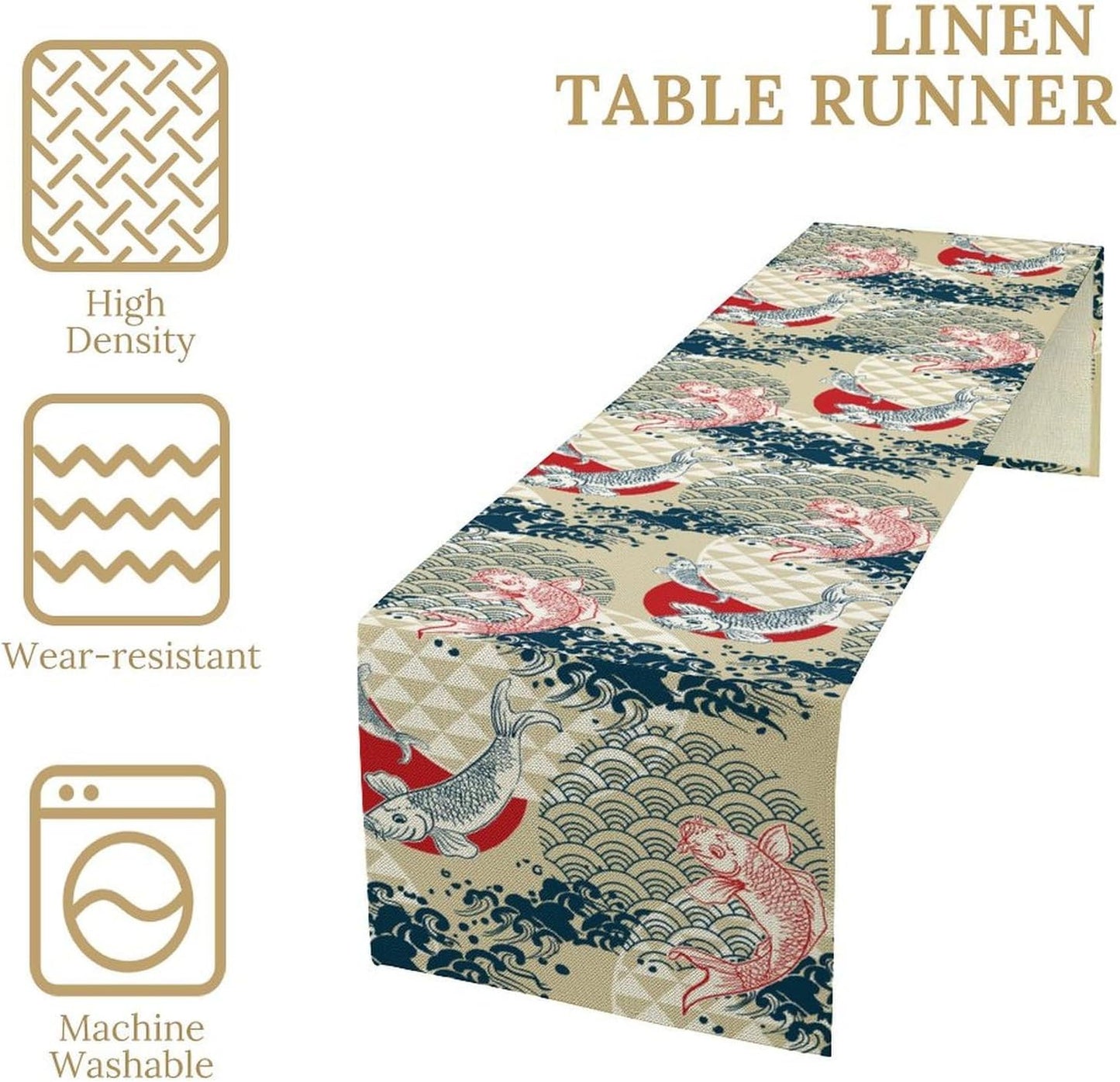 Japanese Kio Fish Table Runner, Line Art Colorful Janan Style Oriental Table Runner for Kitchen Study Living Room Home Bedroom, Gray 13x36 Inch