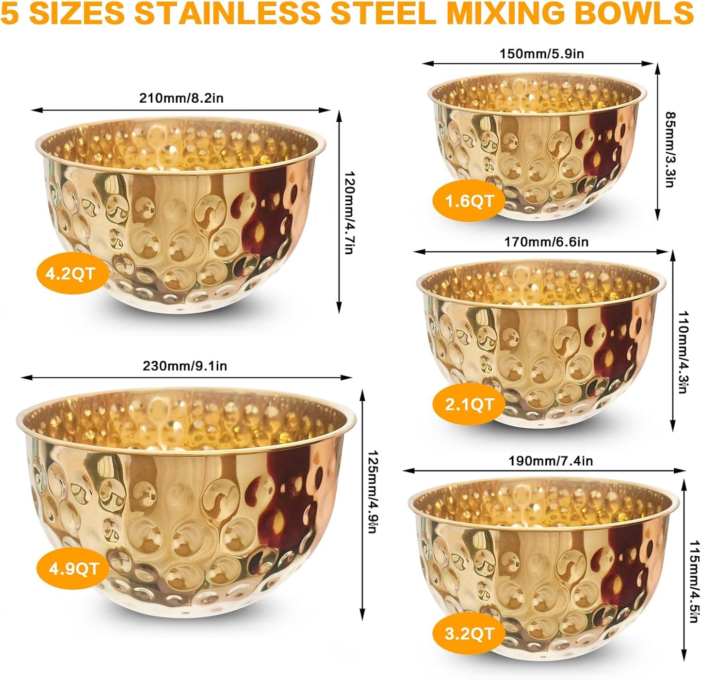 5-Piece Stainless Steel Mixing Bowls Set, Metal Hammered Gold Bowls for Kitchen, Cooking, Baking, Salad Prep, Food Storage, Reusable Nesting Design, 1.6-4.9 QT Capacity, Dishwasher Safe
