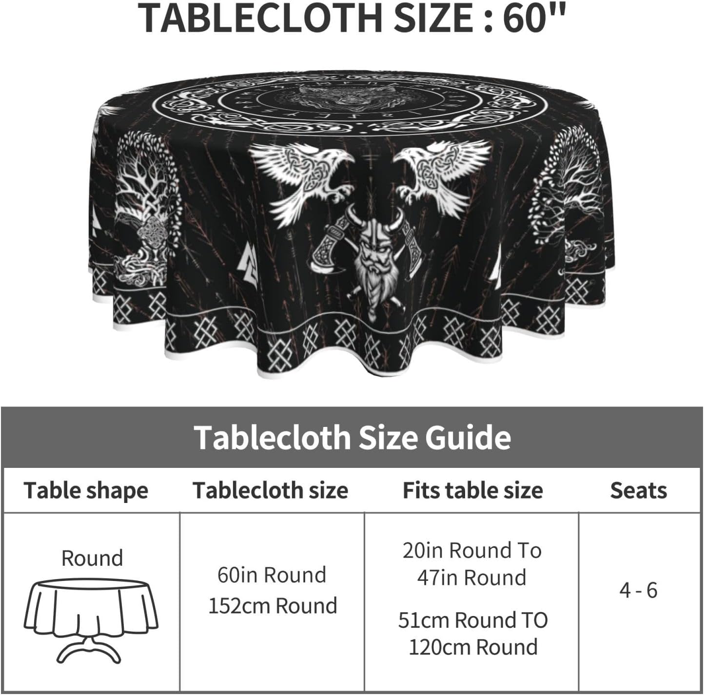 Norse Viking Tablecloth, Nordic Mythology Tree of Life Crow Ancient Mythical Viking Wolf Print Water Resisitant Table Cover for Dining Kitchen Living Room Home Party Holiday Decor 70 inch Round