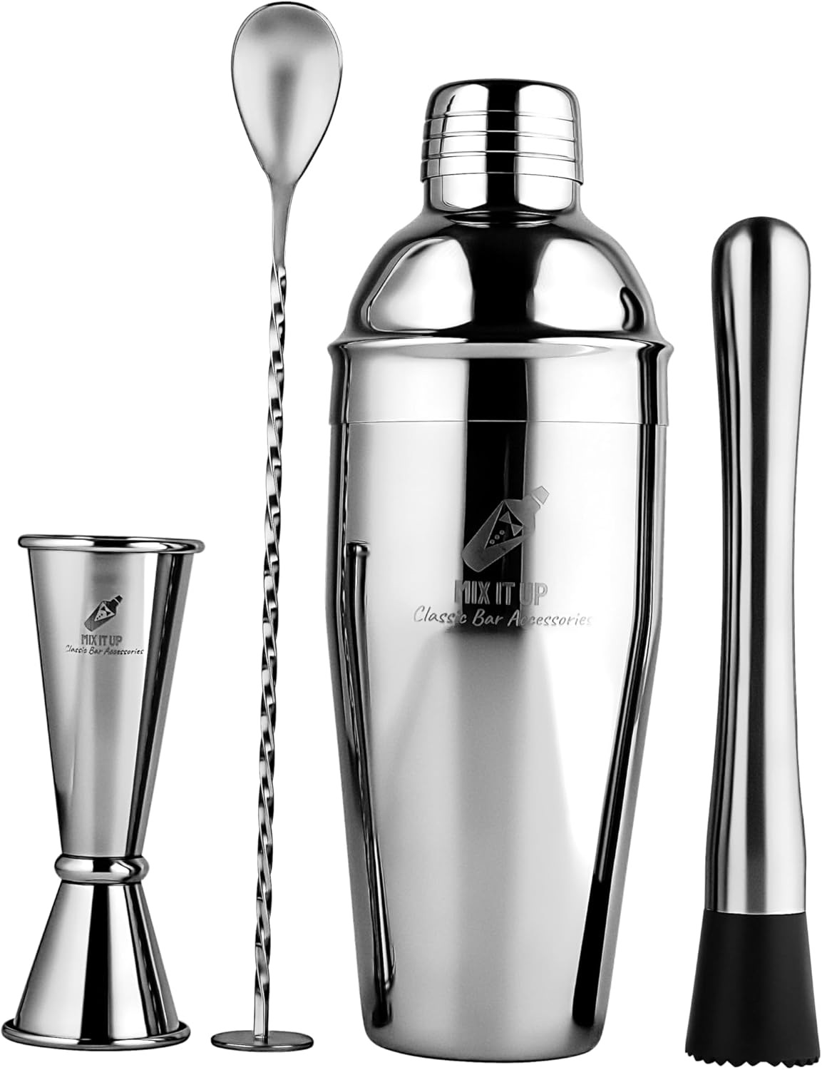 4-Piece Cocktail Shaker Set-Muddler, Jigger, Spoon