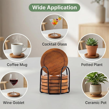 Wooden Coasters Set of 6 with Metal Holder – Round Natural Wood Drink Coasters for Hot & Cold Beverages – Non-Slip & Reusable Coasters for Coffee Table, Home, Office & Bar