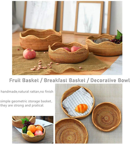 Handmade Rattan Round Fruit Basket Food Storage Bowls Kitchen Organizer Snack Serving Bowl 9 10 Inch Wavy Edge Circle Tray Basket with 3” Deep Wall, Boho Décor Display Tray Bowl (2-Size Kit)