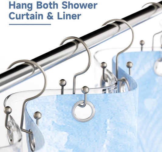 Titanker Shower Curtain Hooks Matte Nickel, Minimalist Simple Double Glide Shower Curtain Rings, Rust Proof Metal Shower Hooks Rings for Bathroom Shower Rods Curtains, Set of 12 Hooks