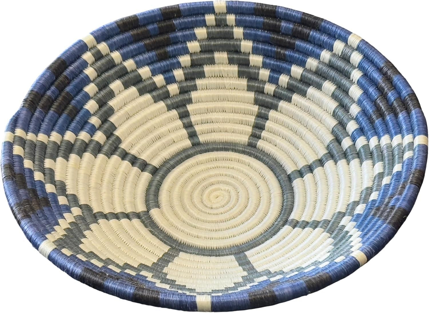 Handwoven African Basket Handmade sisal Fruit Bowl Wall Hanging decorative Baskets for Home Living Room Kitchen Centerpiece Zen Designs Arts and Crafts (Royal Blue Floral, 8in diameter)