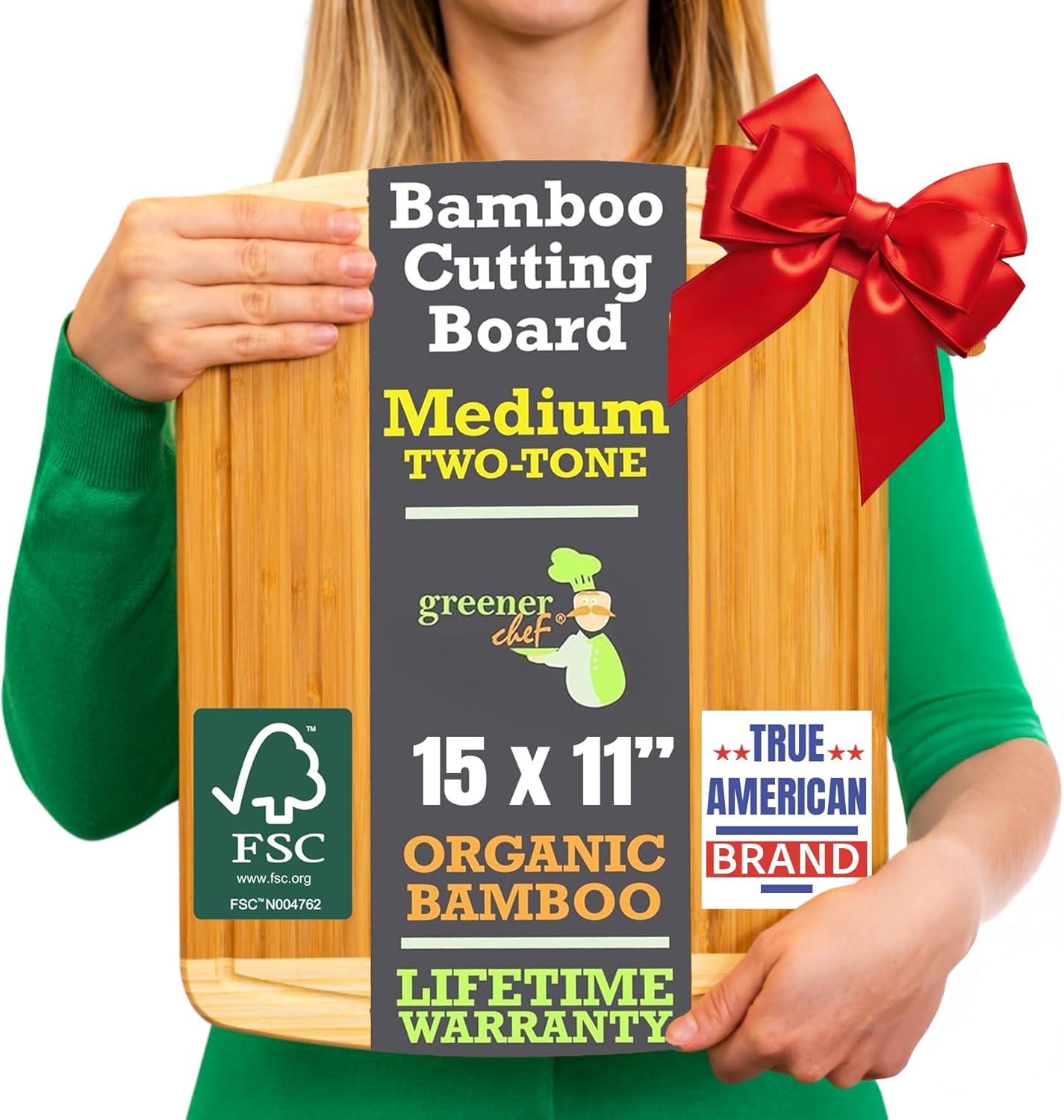 GREENER CHEF 15 Inch Medium Cutting Board with Lifetime Replacements, Bamboo Cutting Boards for Kitchen, Butcher Block, Medium Wooden Chopping Board for Meat, Veggies, Non Toxic Charcuterie Board