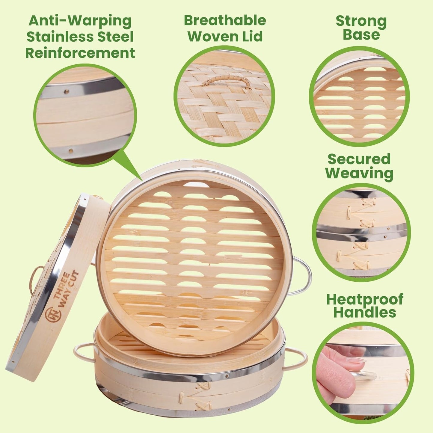 Dumpling Bamboo Steamer 10 Inch 2 Tier Wooden Basket With Handle, Ring Adapter, Reusable Silicone Liner, Kit For Cooking Baby Bao Bun, Dim Sum, Rice Potsticker Steaming Chinese Asian Food & Vegetables