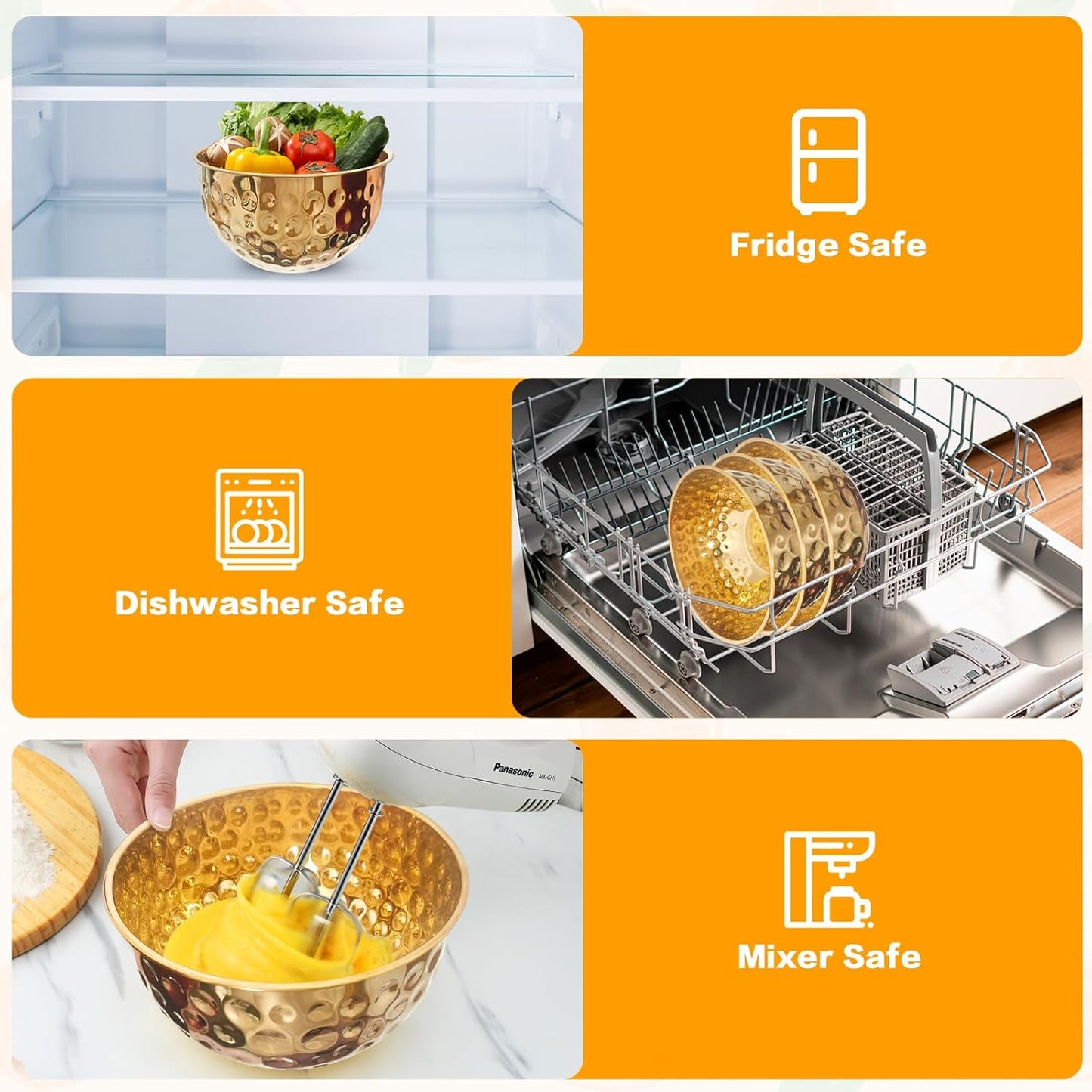 5-Piece Stainless Steel Mixing Bowls Set, Metal Hammered Gold Bowls for Kitchen, Cooking, Baking, Salad Prep, Food Storage, Reusable Nesting Design, 1.6-4.9 QT Capacity, Dishwasher Safe