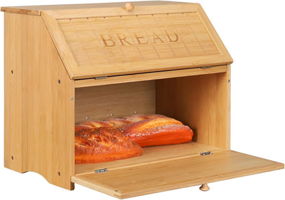 HOMEKOKO Vintage Double Layer Large Bread Box for Kitchen Counter, Retro Design Wooden Large Capacity Bread Storage Bin (Natural Bamboo)