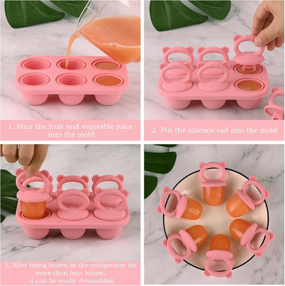 Moukiween Toddler Popsicle Molds Baby Food Storage Containers Suitable for Fresh Frozen Fruit Puree and Yogurt Ice Cream with Handle Food Freezer Trays (Pink)