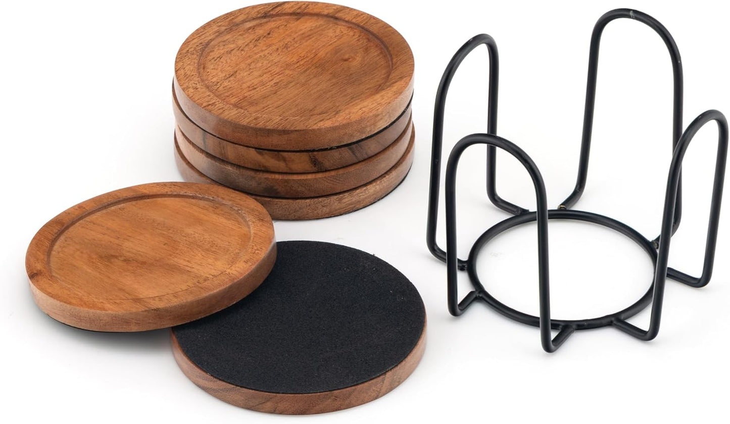 Wooden Coasters Set of 6 with Metal Holder – Round Natural Wood Drink Coasters for Hot & Cold Beverages – Non-Slip & Reusable Coasters for Coffee Table, Home, Office & Bar
