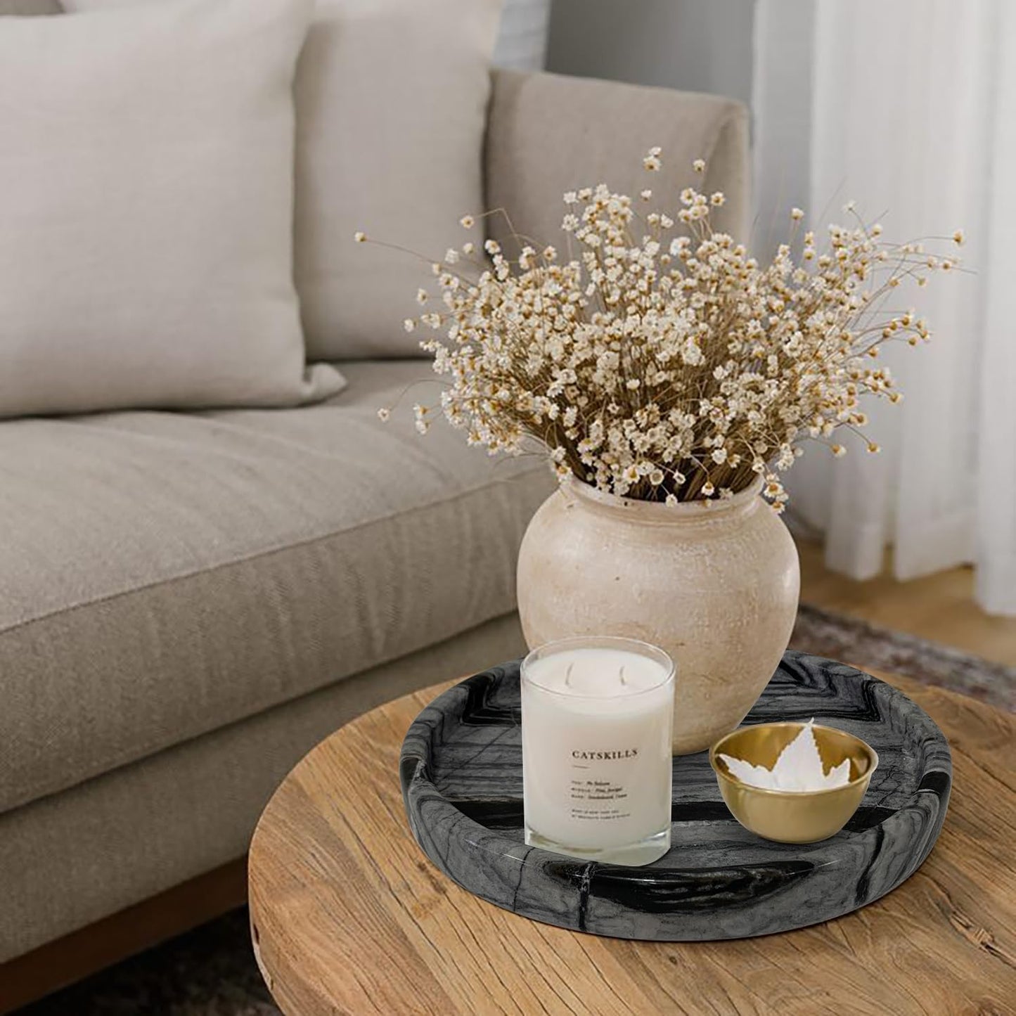 Travertine Tray, Small Ceramic Vanity Tray for Bathroom Counter Decor, Round Marble Decorative Trays for Coffee Table (Grey Black, Medium Size)