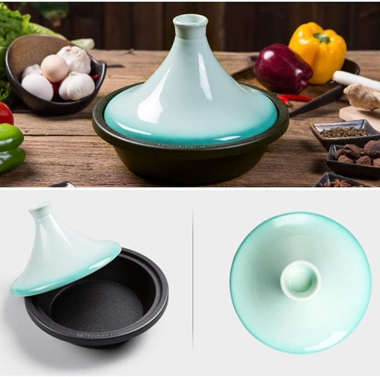 10in Ceramic Tagine Pot with Enameled Cast Iron Base and Cone-Shaped Lid for Braising Slow Cooking Clay Pot Induction Cooker (Blue)