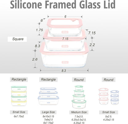 Urban Green Glass Food Container Set with Silicone Glass Lid, 3 Pack, Square Shape, Airtight, LeakProof, 100% Plastic Free, Meal Prep Food Storage Containers