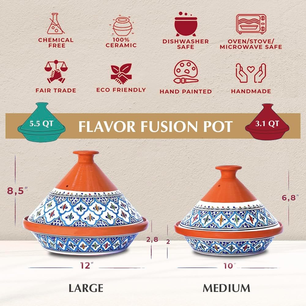Kamsah Tagine Pot for Cooking and Flavor Enrichment - Medium Clay Pot 10”, 3.1 QT - Non-Stick Handmade Cookware - Moroccan Ceramic Pots for Cooking with Lid & Serving Bowl - Bohemian Supreme Turquoise