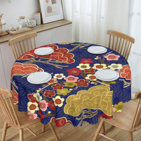 Cherry Blossom Tablecloth, Pink Floral Traditioanal Oriental Koi Vintage Asian Style Water Resisitant Wipeable Table Cover for Dining Kitchen Living Room Home Party Holiday Decor 60 inch Round