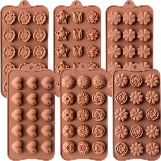 6 Pack Flower Shape Chocolate Candy Molds Silicone, Food-Grade Non-Stick Jello & Baking Molds, Crayon Molds, BPA-Free, Including Heart, Rose, Tulip, Daisy, Sunflower, and Other Flowers (Brown)