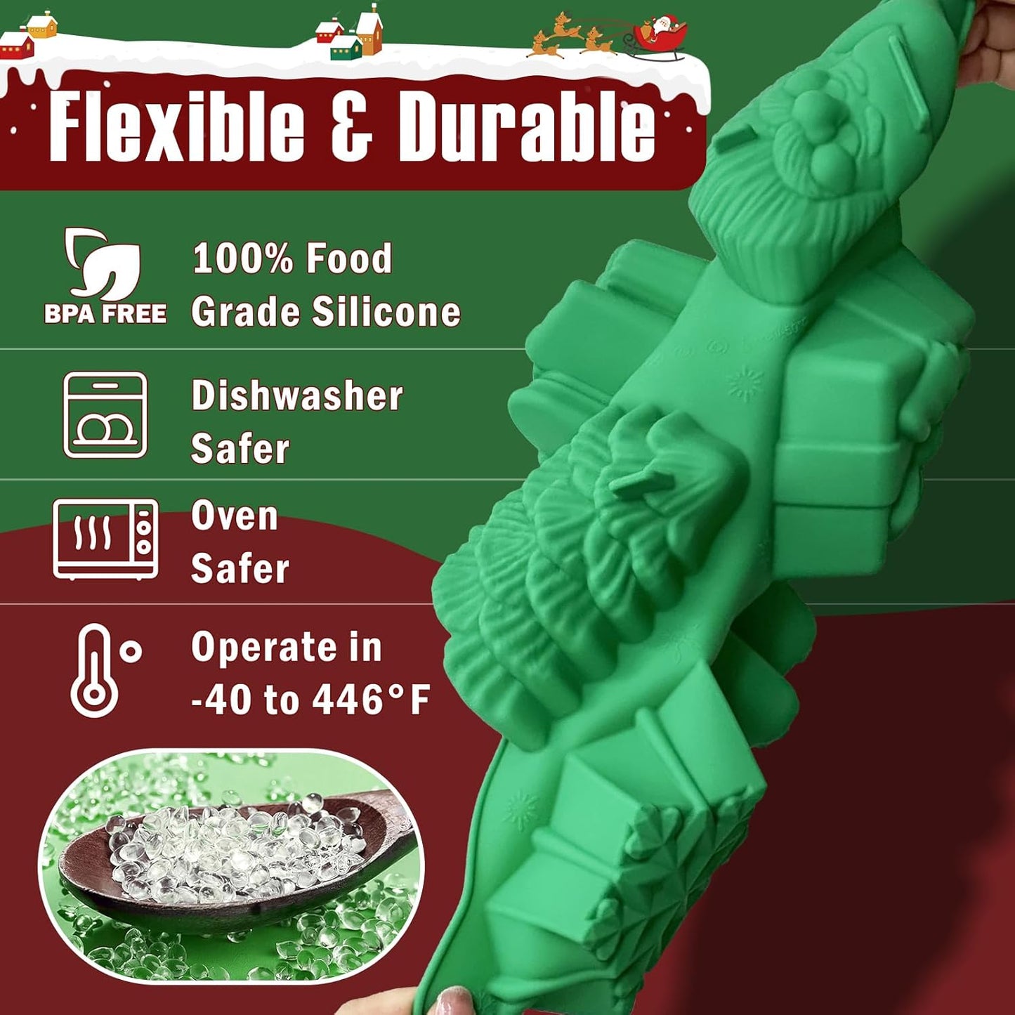 HKNMTT Large Christmas Silicone Molds for Baking Cake Muffins Oven Safe Freezing Soap Candle Cocoa Bomb Food Grade Tray, Deep Snowflake Tree Santa Gingerbread Gift Bell 6 Holiday Shapes Mould 2PCS