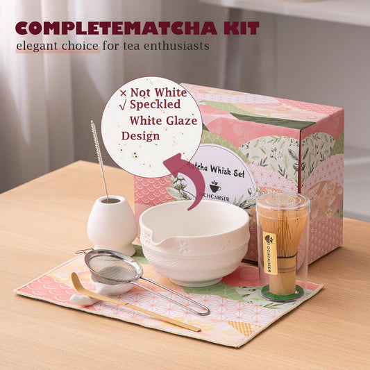 Matcha Tea Set, 8 Pcs Japanese Matcha Kit with Cherry Blossom and Wave Design Ceramic Bowl, Bamboo Whisk, Whisk Holder, Scoop, Sifter, Brush, Matcha Kit Set for Matcha Lovers (Speckled White)