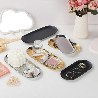 IBWell 2 pcs Silver Decorative Serving Tray for Bathroom, Small Jewelry Tray, Long Tray, Silver Jewelry Tray, Jewelry Bowl Dish Decorative Bathroom Tray – 8.9”