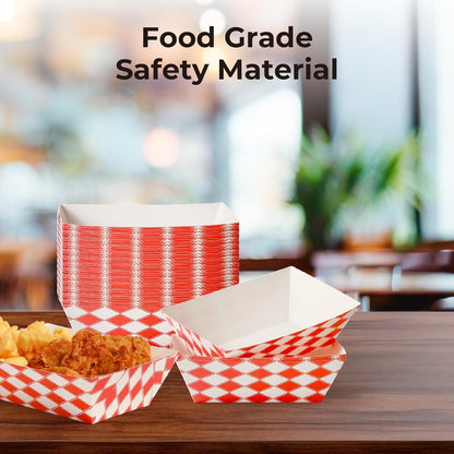 Fit Meal Prep [250 Pack 1 lb Paper Food Boats Heavy Duty Disposable Food Trays, Red Check Nacho Tray for Parties Fairs Picnics Carnivals, Holds Sause Candies Nut Grease Resistant