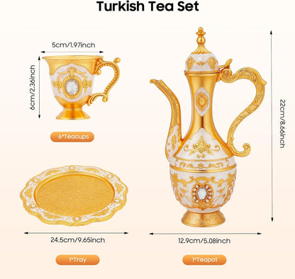 Vintage Turkish Coffee Pot Set with Tray & 6 Elegant Cups - Retro Exquisite Tea Service for Home Parties, Table Decor & Wedding Gifts (White and Gold)