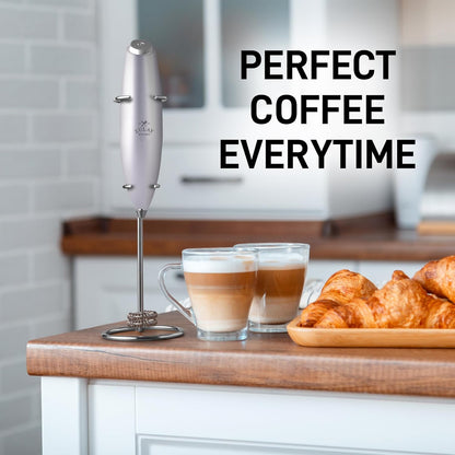 Zulay Kitchen Powerful Double Whisk Milk Frother Handheld - Foam Maker With Stand - Whisk Drink Mixer for Coffee, Mini Foamer for Latte, Matcha, Frappe, Hot Chocolate & Cappuccino (Silver)