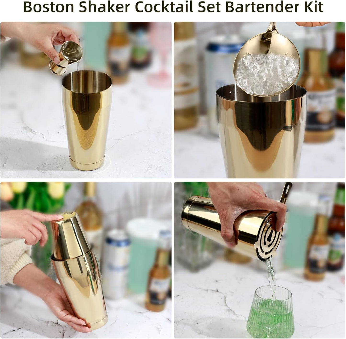 Boston Shaker Cocktail Set Bartender Kit, 12 Pcs Drink Shaker with Strainer Bartending Martini Shaker Tin with 18oz & 28oz Mixed Alcohol Shaker Professional Stainless Steel Bar Tool for Beginner(Gold)