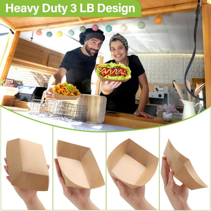 100 Pack 3lb Heavy Duty Paper Food Trays Kraft Leak Proof Paper Food Boats Disposable Nacho Tray Takeout Food Tray for Chips Hot Dogs Popcorn Snacks BBQ Party Picnic Wedding