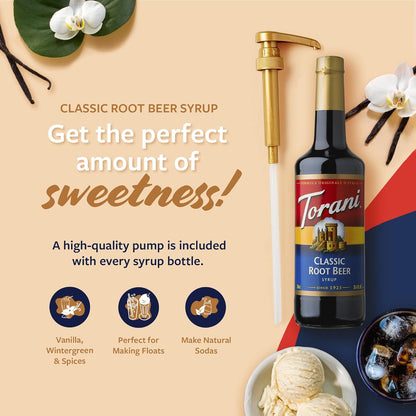 Torani Classic Root Beer Syrup for Drinks, Flavoring for Soda, Floats, and Shakes, Glass Bottle with Pump Included, 25.4 Fl Oz
