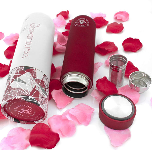 Teabloom ORIGINAL All-Purpose Beverage Tumbler - 16 oz - 480 ml - Brushed Metal Insulated Water Bottle/Tea Flask/Cold Brew Coffee Mug - Extra-Fine Two-Way Infuser Travel Bottle - Ruby Red