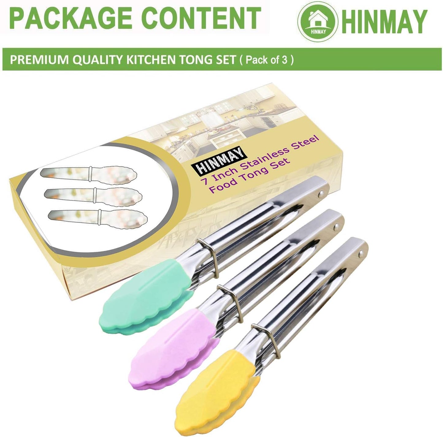 Mini Tongs with Silicone Tips 7-Inch Small Serving Tongs, Set of 3 (Pink Mint Yellow)