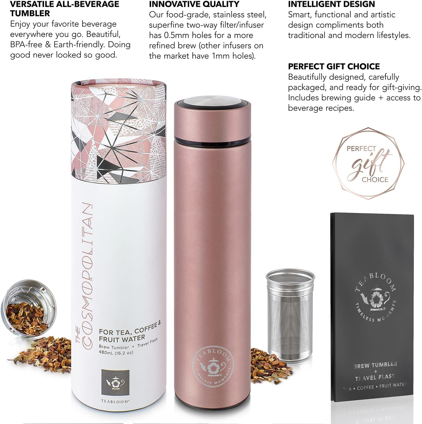 Teabloom - The ORIGINAL All-Brew Travel Tumbler & Thermos | OPRAH’s Favorite | 16oz/480ml Stainless Steel Insulated Water Bottle/Tea Flask/Cold Brew Coffee Mug