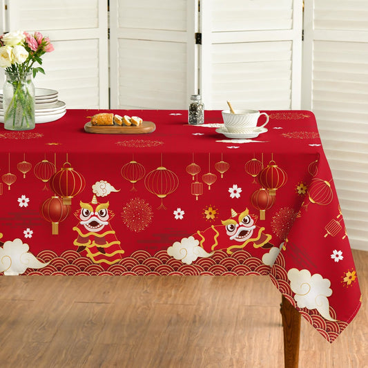 Horaldaily Newyear Tablecloth 60×84 Inch Rectangular, Chinese Lunar New Year Lion Dance Lantern Red Washable Table Cover for Party Picnic Dinner Decor