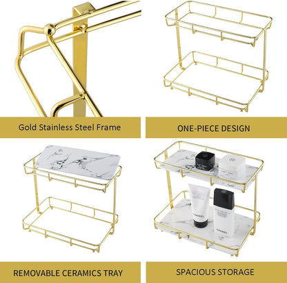 Bathroom Organizer Countertop Perfume Organizer Makeup Organizer Cosmetics Storage Display Rack Vanity Tray Dresser Stainless Steel Gold Shelf White Marble Ceramic Tray