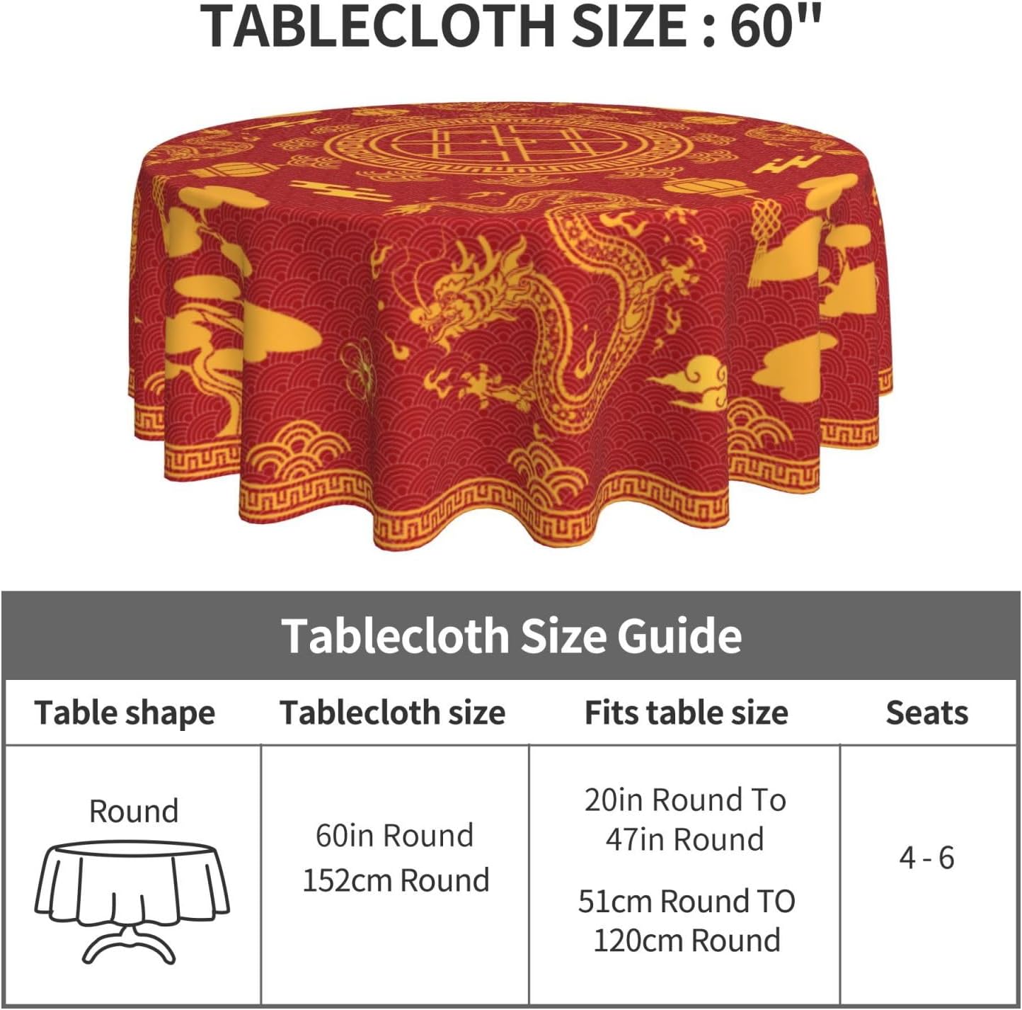 Chinese Tablecloth Round, Red Golden Traditional Zodiac Dragon Vintage Asian Style Oriental Water Resisitant Table Cover for Dining Kitchen Living Room Home Party Holiday Decor 60 inch Round