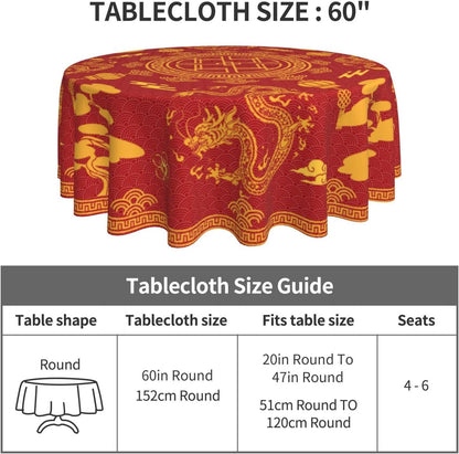 Chinese Tablecloth Round, Red Golden Traditional Zodiac Dragon Vintage Asian Style Oriental Water Resisitant Table Cover for Dining Kitchen Living Room Home Party Holiday Decor 60 inch Round