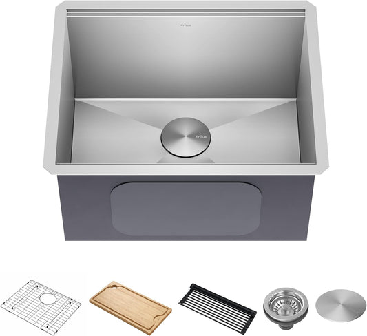 KRAUS Kore 23-Inch Undermount Workstation Single Bowl 16 Gauge Deep Laundry Utility Stainless Steel Kitchen Sink with Accessories, KWU100-23L