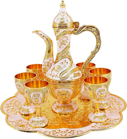 Vintage Turkish Coffee Pot and Cups Set,Tea Service Set Including Teapot,Tea Tray and Metal Cups for Wine Cabinet Decor,Wedding Ornaments (Gold and White)