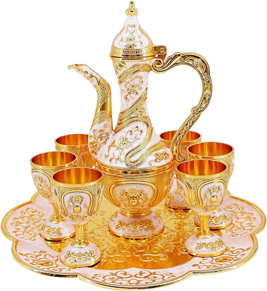 Vintage Turkish Coffee Pot and Cups Set,Tea Service Set Including Teapot,Tea Tray and Metal Cups for Wine Cabinet Decor,Wedding Ornaments (Gold and White)