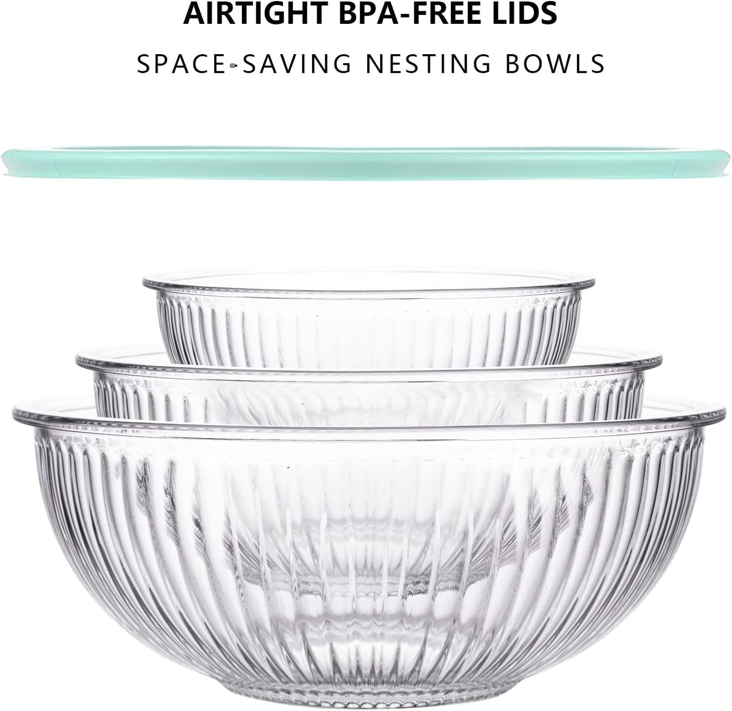 Luvan Glass Mixing Bowls with Lids Set(3.7QT, 2.1QT, 1.1QT),3PC Glass Nesting Bowl, Large Salad Bowls Sets with lids,Clear Cooking Bowl for Kitchen Prep,Food Storage,Baking,Microwave and Oven Safe