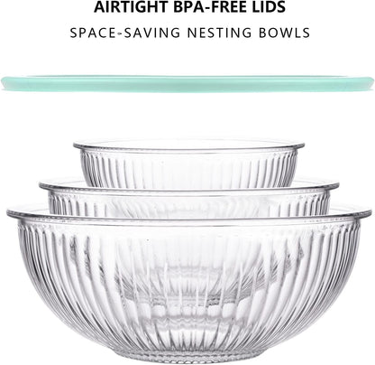 Luvan Glass Mixing Bowls with Lids Set(3.7QT, 2.1QT, 1.1QT),3PC Glass Nesting Bowl, Large Salad Bowls Sets with lids,Clear Cooking Bowl for Kitchen Prep,Food Storage,Baking,Microwave and Oven Safe