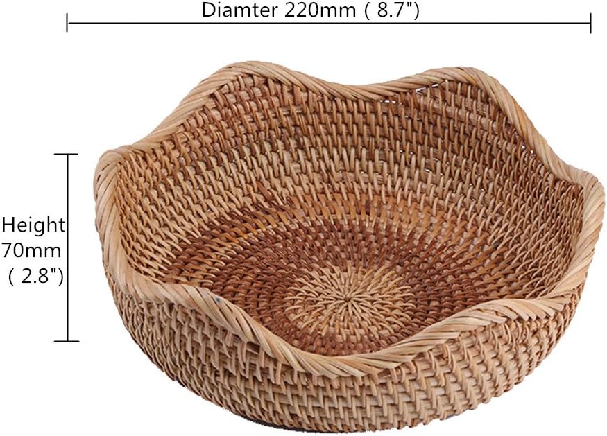 Handmade Rattan Round Fruit Basket Food Storage Bowls Kitchen Organizer Snack Serving Bowl Wavy Edge Circle Tray Basket, Boho Home Décor Display Tray for Coffee Table, Dining Room (Small 8.7")