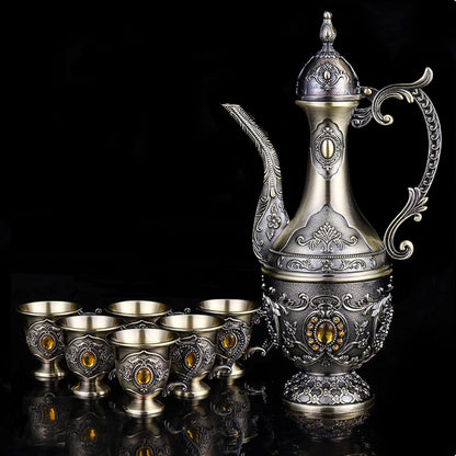 Vintage Turkish Coffee Pot and Cups Set,Tea Service Set Including Teapot,Tea Tray and Metal Cups for Wine Cabinet Decor,Wedding Ornaments (Bronze with Yellow Crystal)