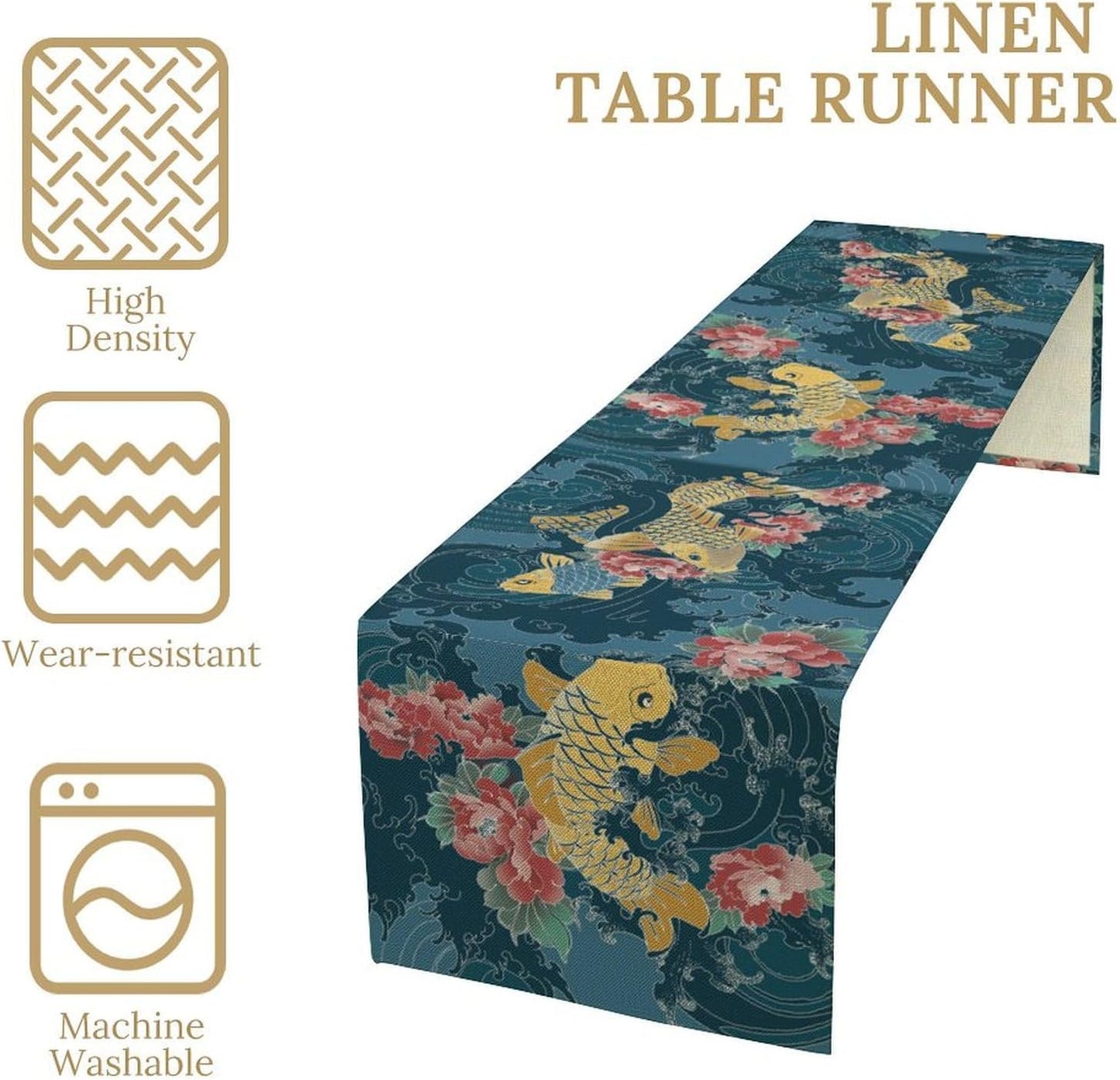 Asian Jio Fish Table Runner, Chinese Style Floral Oriental Table Runner for Holiday Party Kitchen Study Living Room Home Bedroom Blue Wave 13x120 Inch